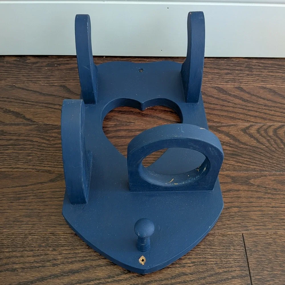 Vintage Wood Heart Shaped Wall Mounted Hair Dryer Holder Blue Cottagecore
